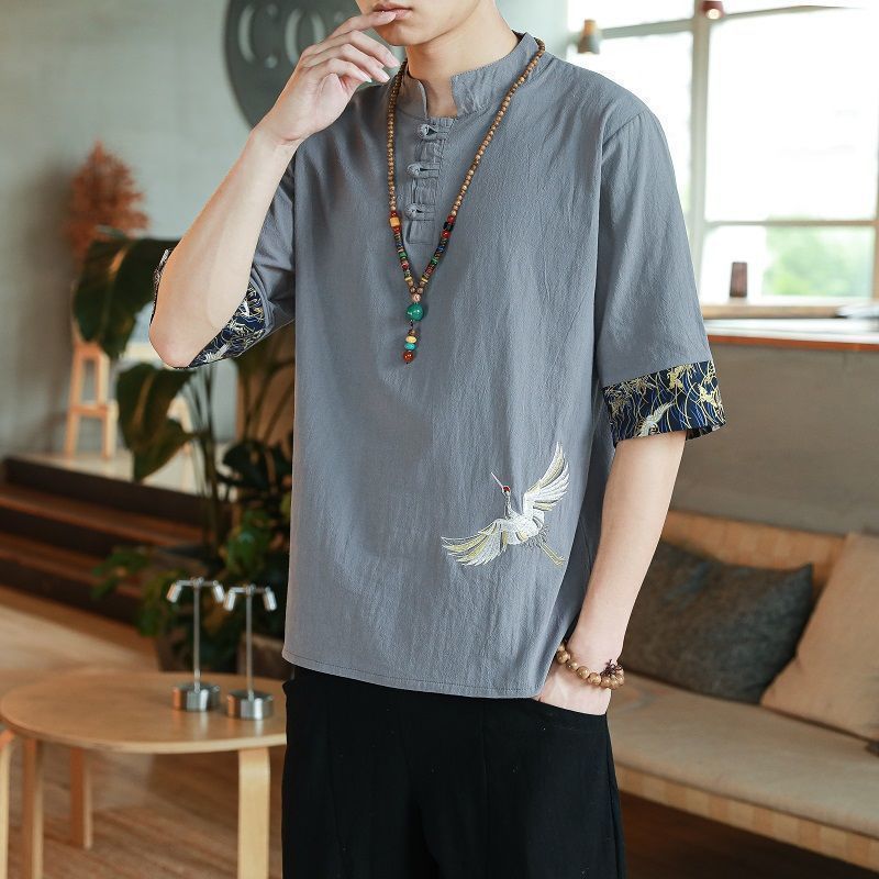 Camiseta de estilo chino para hombre verano fino grulla bordada de algodón y lino camiseta de manga corta para hombre con hebilla suelta de cinco puntos y media manga para hombre