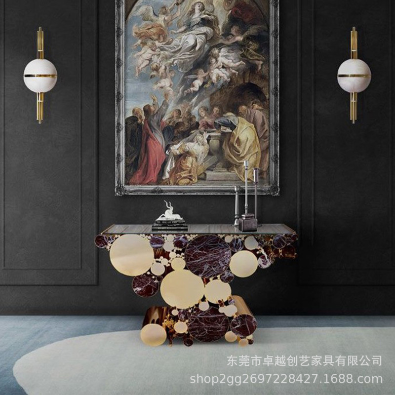 葡萄牙不锈钢气泡玄关台现代轻奢设计师别墅入户靠墙大理石玄关桌|undefined