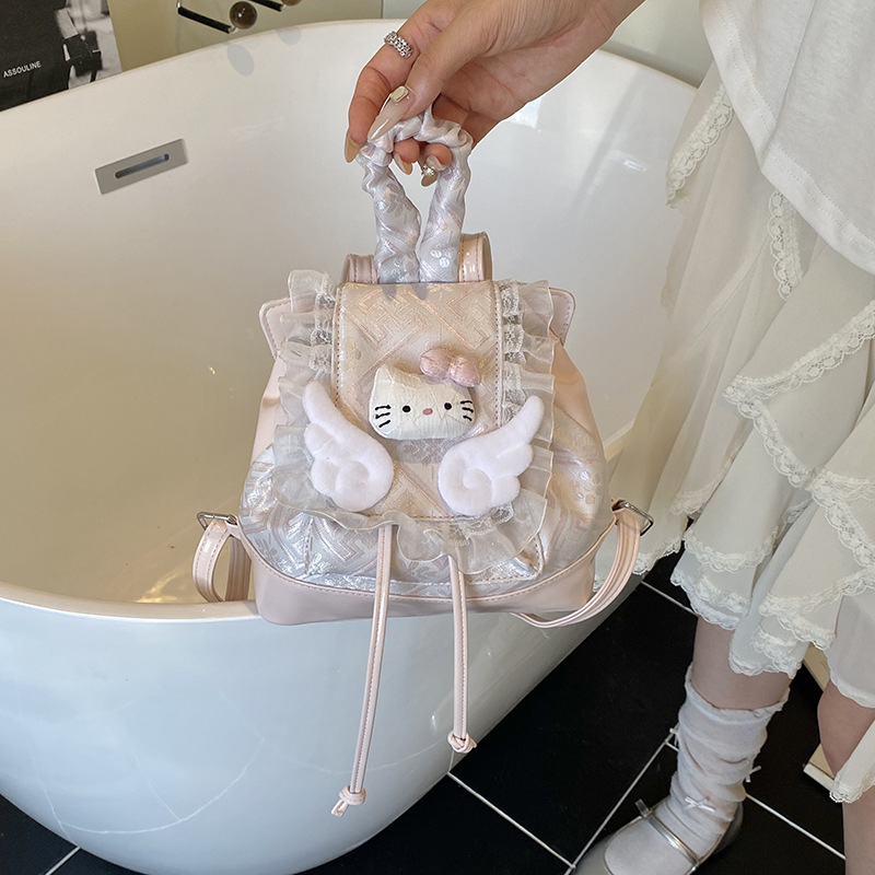 日本インかわいいレースの羽バックパック女性のための 2025 新しいキティ猫ファッションガール小さなバックパック|undefined