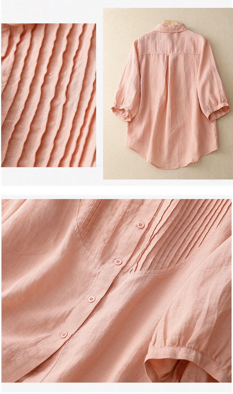 Single Breasted Placket Type Retro Artistic Loose Cotton Linen Shirt French Piano Pleat New Summer Style Women's Basic Shirt Pure Color Commute Fashion