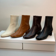 BY同款法式方头瘦瘦靴法式小众复古真皮短靴中跟拉链中筒白色单靴