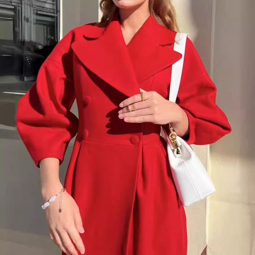 Independent station European and American autumn and winter retro palace style lantern sleeves large lapel woolen coat long coat