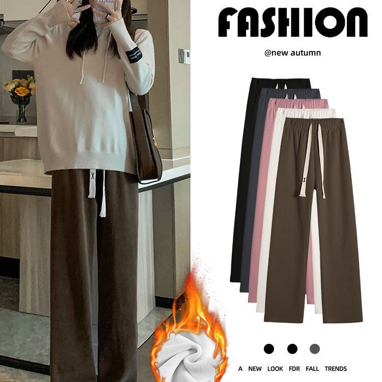 Long Wide-leg Pants Women's Autumn and Winter New High Waist Straight Pants Casual fleece-lined Thickened Corduroy Pants