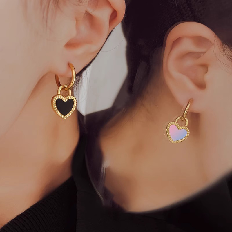 歐美ins愛心耳釘女黑白雙面耳扣防掉設計少女感氣質耳飾鈦鋼耳環