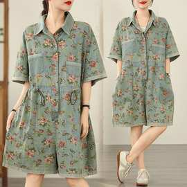 新款实拍夏季休闲大码印花牛仔连体五分裤女