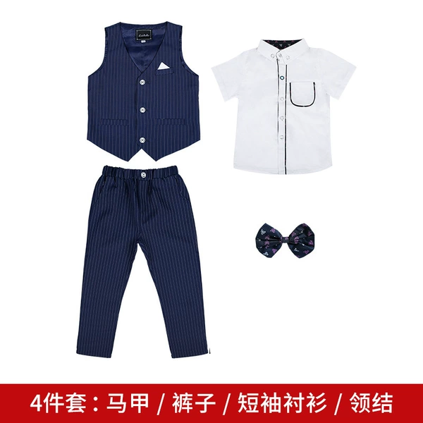 Blue set, shirt, bow tie, 4 pieces, with short sleeve
