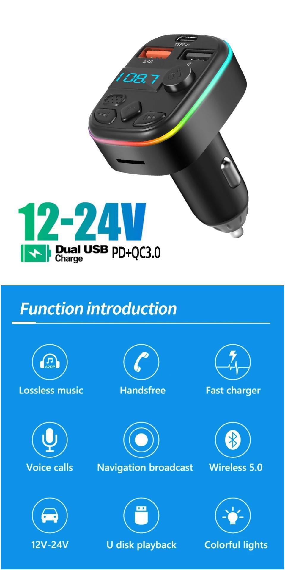 Cross-border C4 Car Bluetooth MP3 Hands-Free Call Card Playback FM Transmitter 3A Bluetooth Car Charger Source Factory