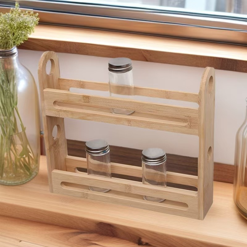 Wooden Double-Layer Spice Rack Bamboo Wood Sundry Storage Rack Desktop Organization Bathroom Bracket Cosmetics Storage Rack