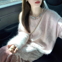 设计感小香风羊驼毛粉色套头毛衣女春秋冬宽松慵懒奶呼呼针织上衣