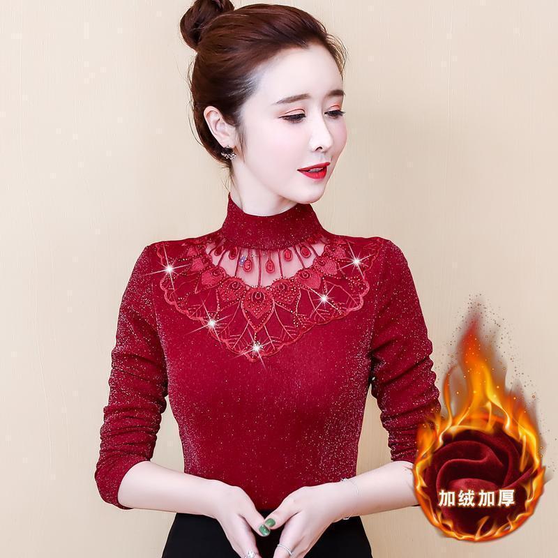 Autumn and Winter New Lace Shirt Thickeneded Velvet Warm Top Mesh Long-Sleeved T-Shirt Women's Style Bottoming Shirt