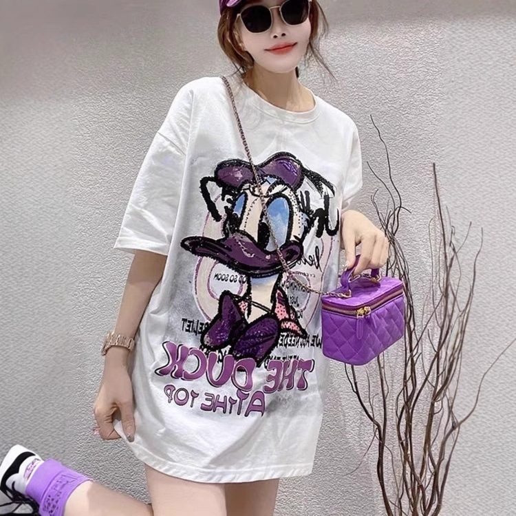 Estación europea Donald impreso camiseta de manga corta para mujeres 2024 verano nuevo estilo relajado delgado de moda casual image 2