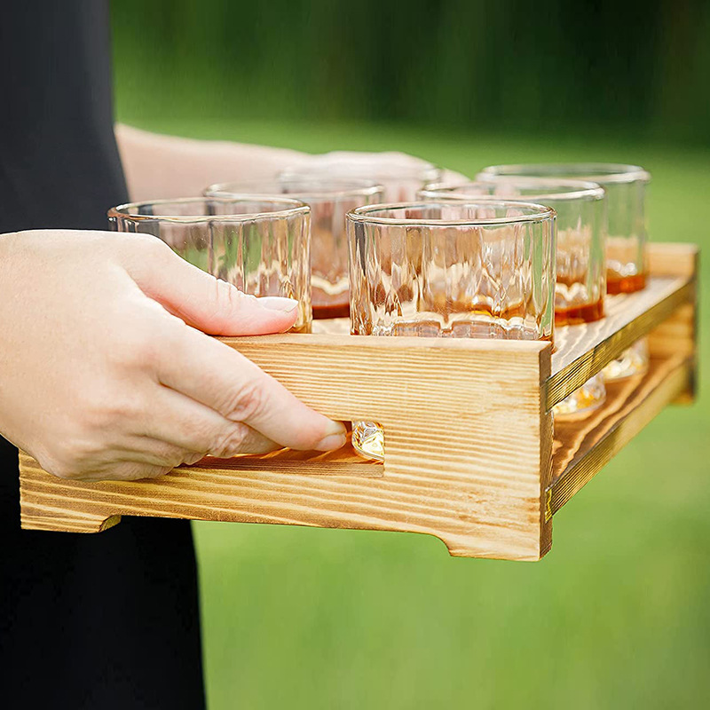 木质酒杯架子实木酒架啤酒托盘 带手柄酒吧派对威士忌酒杯托盘