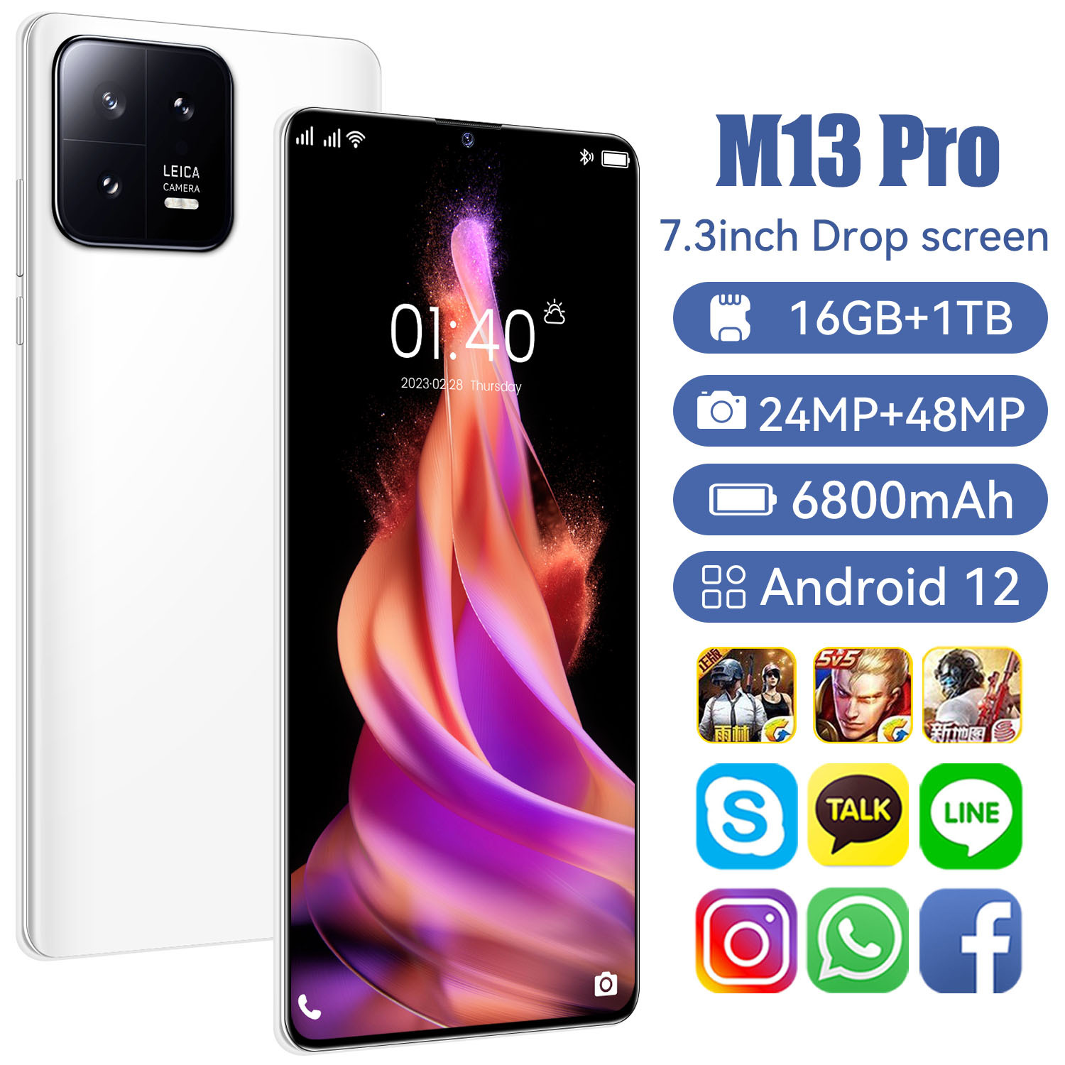 跨境新款M13Pro 大屏7.2寸 3+32GB 500+1300W像素 4G网络智能手机