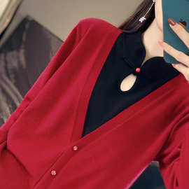 中国风新年红色精纺羊绒开衫女冬季旗袍领盘扣毛衣打底针织上衣