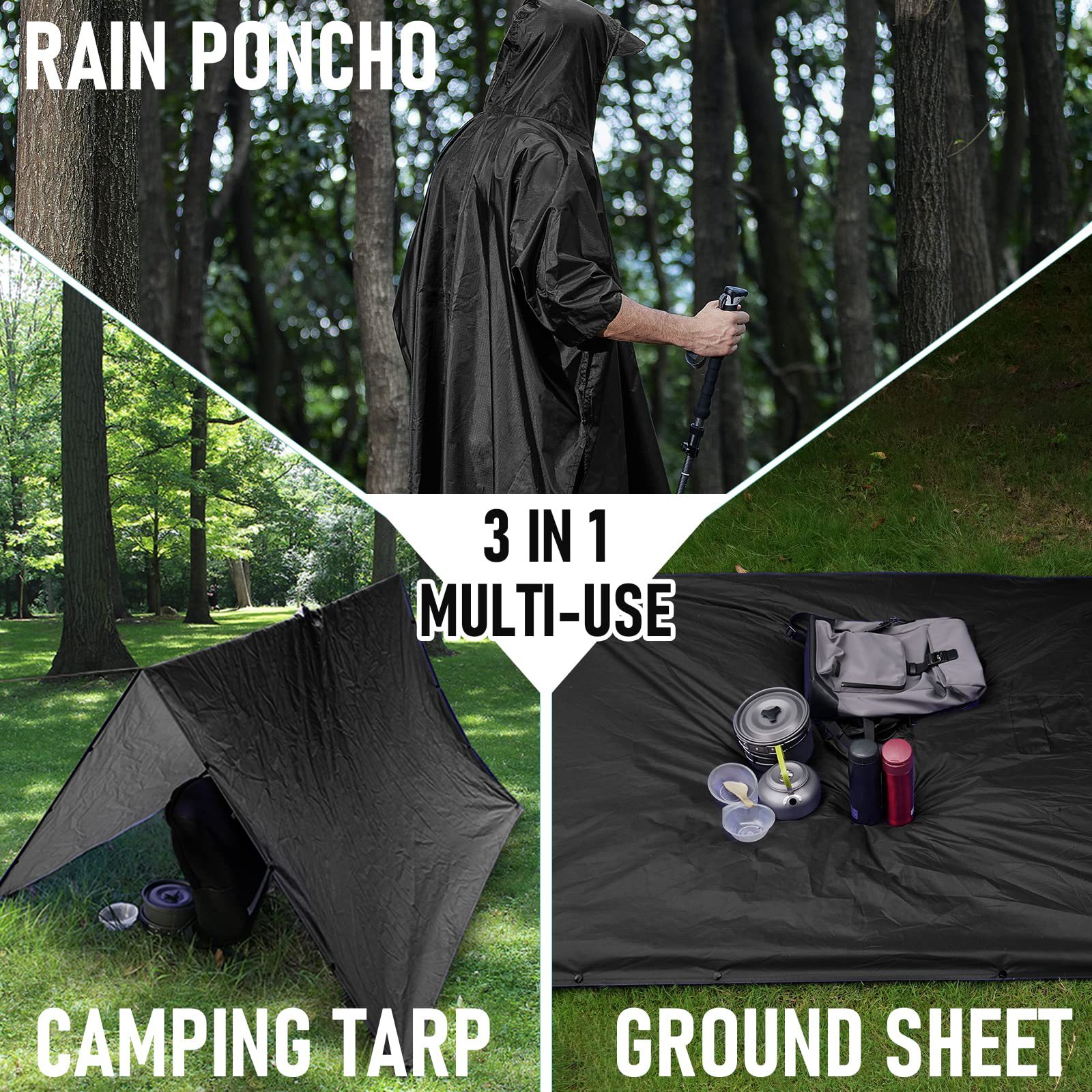 Al Aire Libre montañismo poncho de tres en uno Multi-funcional adulto capa impermeable PU impermeable 210T poliéster alfombra de piso Canopy