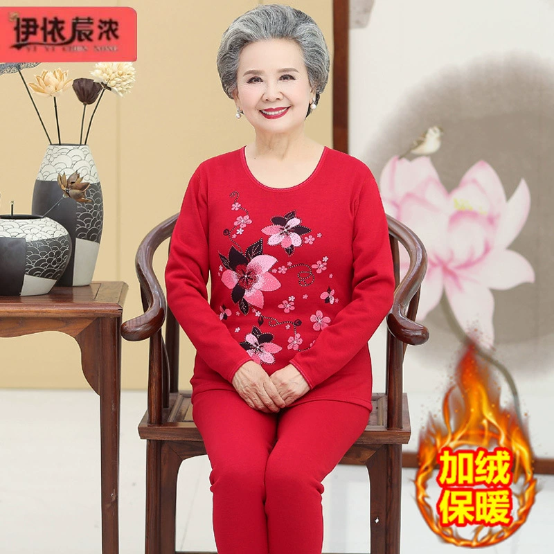 Осенне-зимний красный теплый костюм для старой леди, костюм на флисовой подкладке, Женская эластичная осенняя одежда 60-80 лет, кальсоны с высокой эластичностью