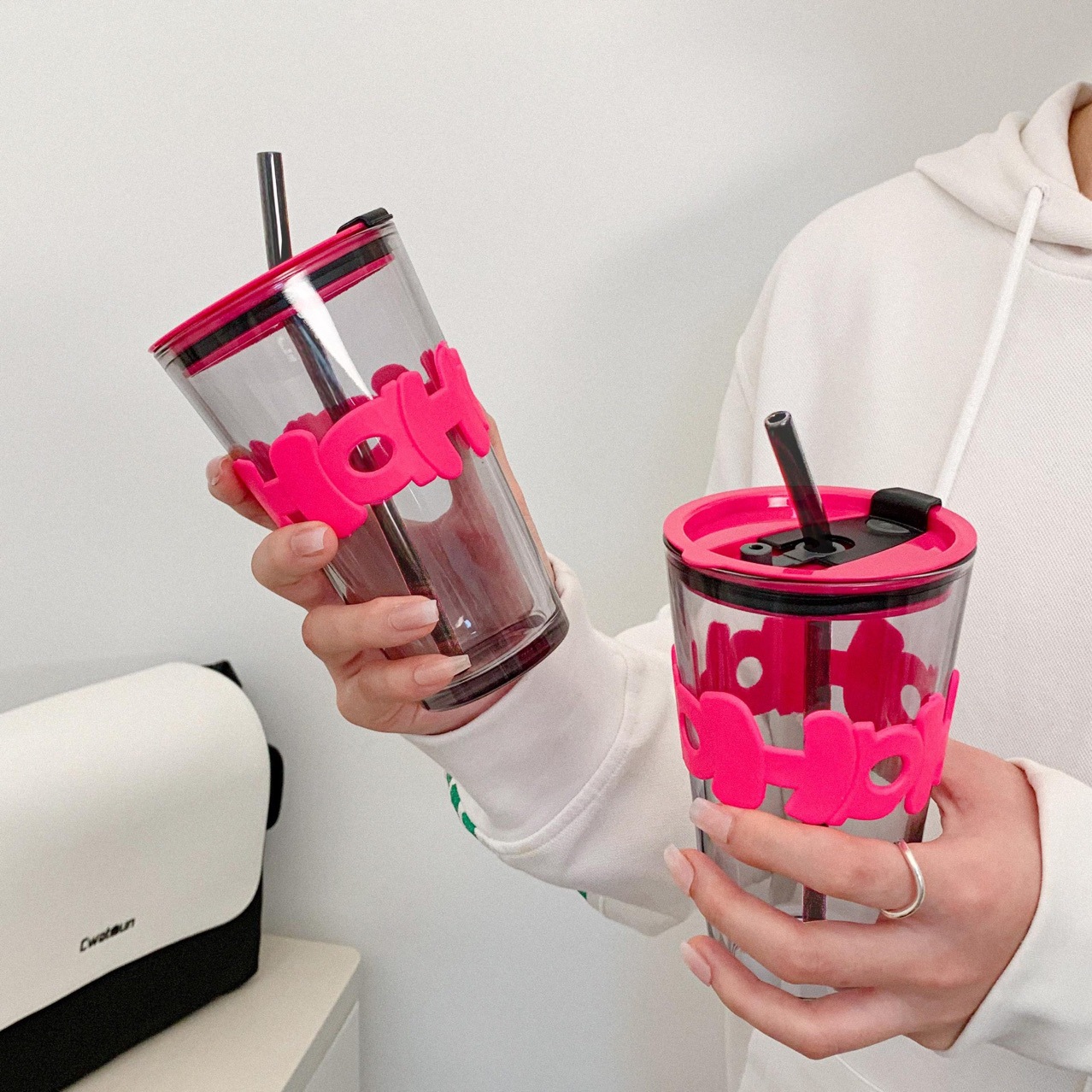 ins风双饮杯高颜值水杯简约咖啡吸管杯玻璃饮料杯伴手礼杯子夏季