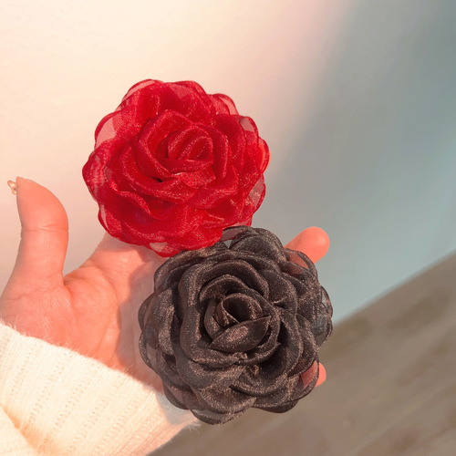 Spring New Georgette Flower Hair Clip Chiffon Net Fabric Rose Hair Flower Fashion Stunning Side Clip Duckbill Clip For Women