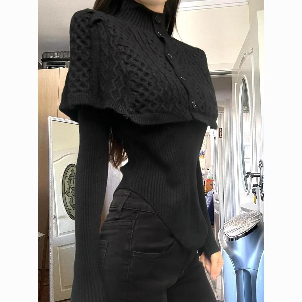 黑色半高领针织衫女秋冬季披肩斗篷毛衣叠穿设计感毛衣内搭上衣女