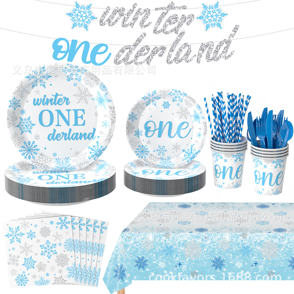 Nuevo tema de nieve azul bandeja de papel desechable vaso de papel mantel banner traje de decoración de fiesta de cumpleaños de niño