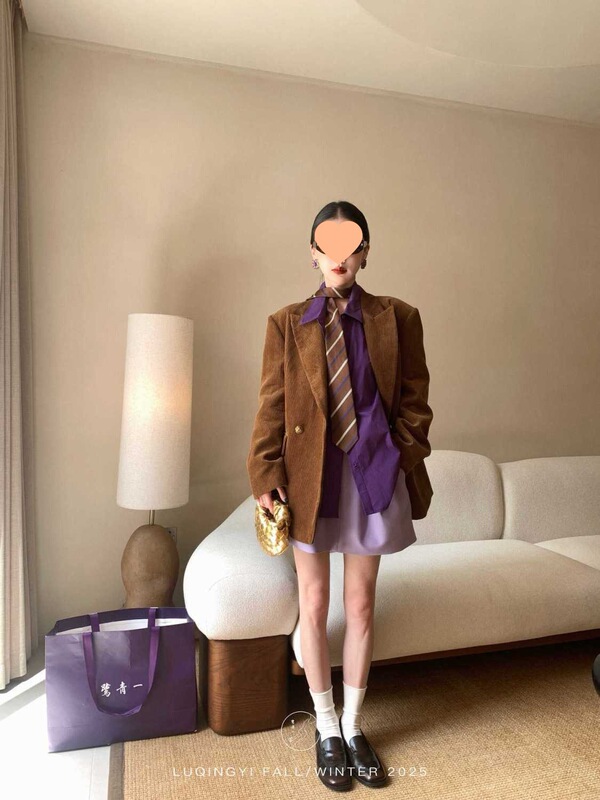 复古灯芯绒西装外套女2025秋季新款宽松枪驳领设计感时髦休闲上衣|undefined