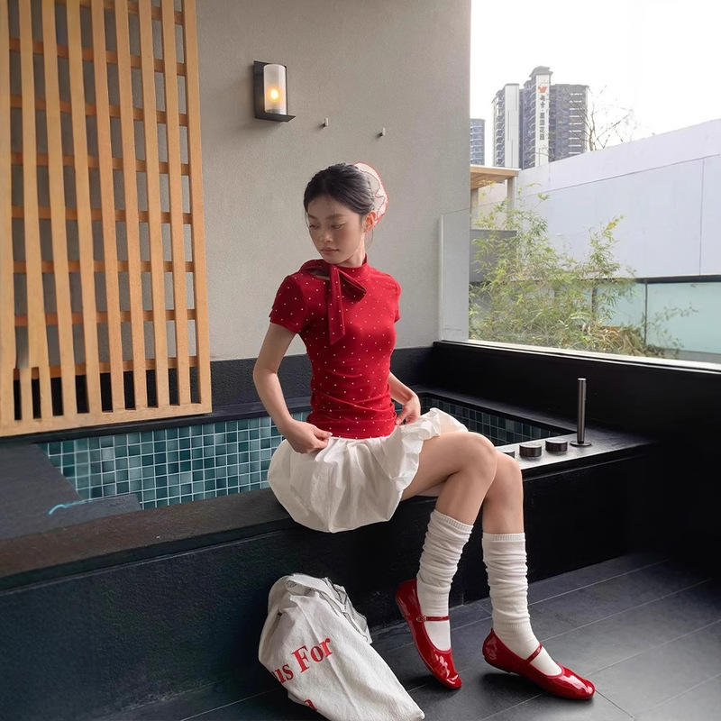 Pure Desire レッド水玉半袖 Tシャツ女性の夏の右肩スリム甘くてスリムなリボンストラップホットガールトップ|undefined