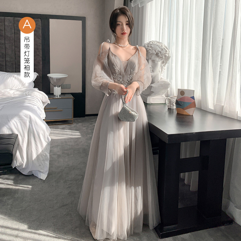 silver color bridesmaid dress fairy long slim sister group party dress  birthday gift photos shooting skirt host singers performance dress female