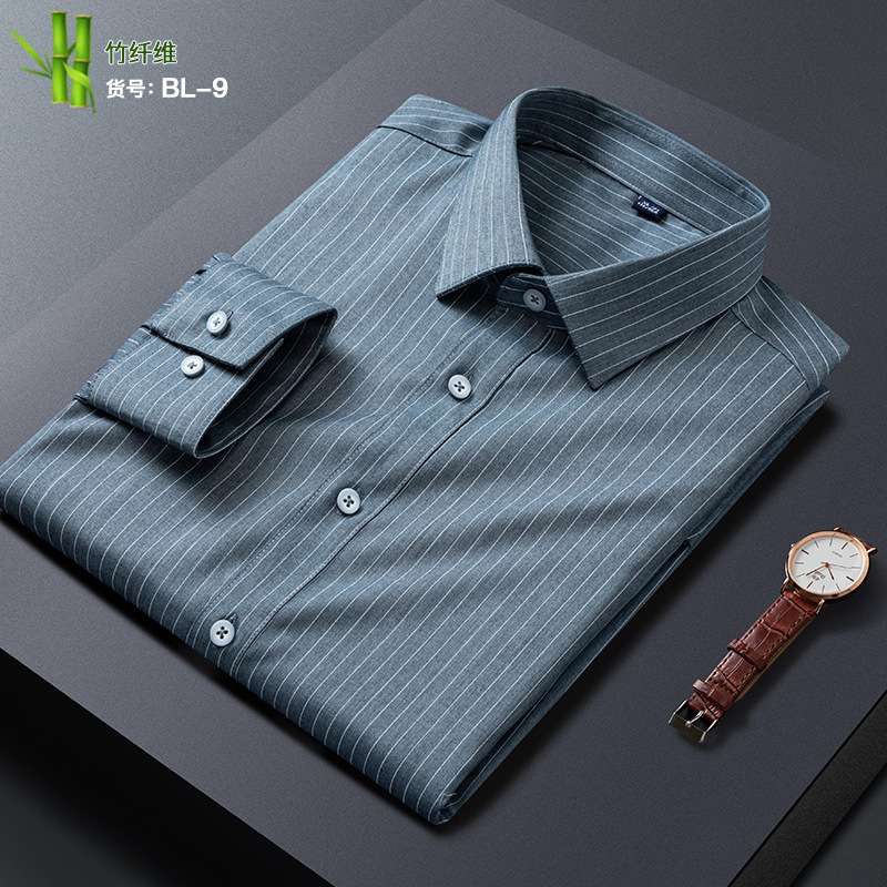 Los hombres de primavera nueva camisa de manga larga de fibra de bambú elástico de seda de hielo camisa a rayas delgada slim fit hombres de negocios ropa