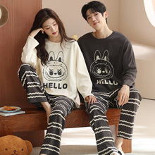 圆领套头单面纯棉情侣睡衣秋季长袖卡通可爱可外穿男女家居服套装