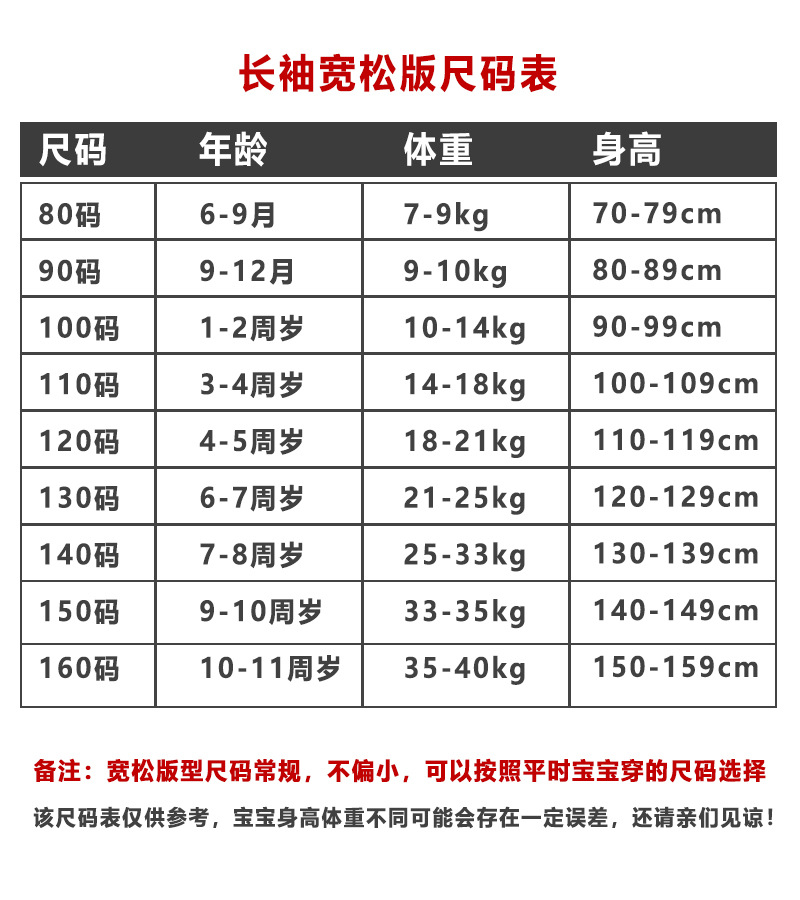 长袖宽松版版尺码表