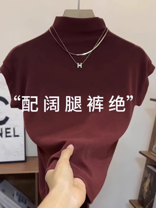 2025早秋新款小立领短袖t恤女时尚内搭飞飞袖打底衫短款洋气上衣|undefined