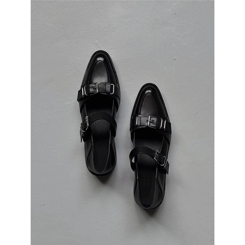 Fashionable Niche Round-Toe Black Chunky Heel Shallow Punk-Style Single Shoes, New Versatile Women's Leather Shoes for Summer 2026