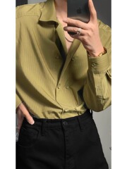 春と秋の男性用のトレンディな長袖シャツ、新しいライトラグジュアリースタイルのスーツ、インナーシャツ、ヘアスタイリストのストライプトップ