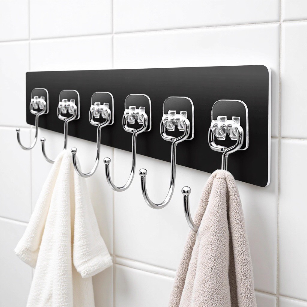 Six-Pack Large Adhesive Hooks for Kitchen and Bathroom Walls, No-Drill Door Hooks for Hanging Clothes and Storage