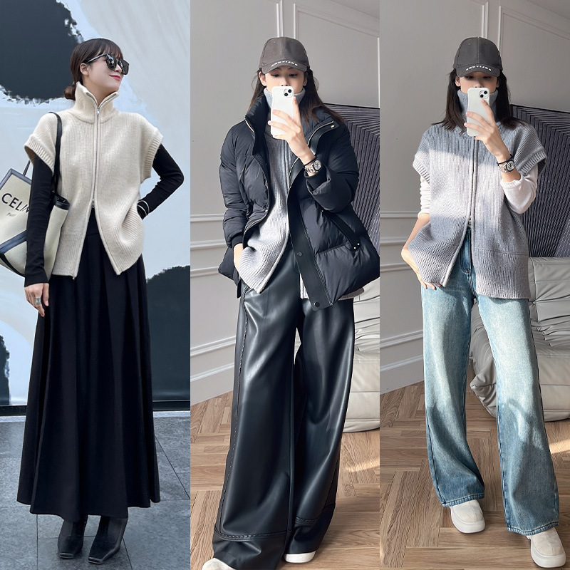 Lazy Style High Collar Pure Wool Knitted Cardigan Women's Loose and Stylish Vest Sleeveless Double Zipper Wool Sweater Vest