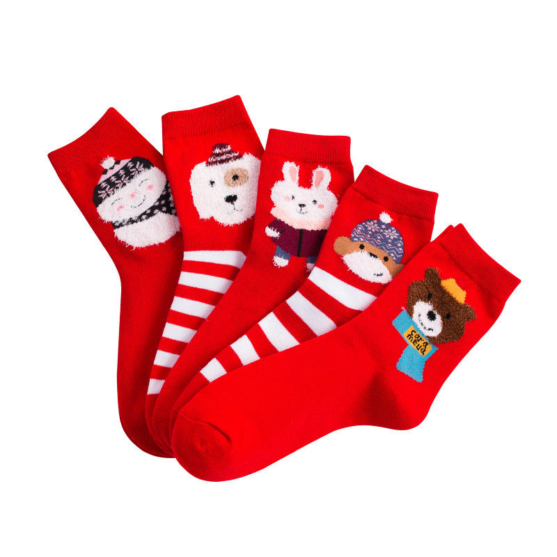 Calcetines de algodón de color puro calcetines de moda de dibujos animados a rayas de oso de media pantorrilla de mujer Festival de Primavera Año Nuevo rojo cumpleaños año festivo Calcetines