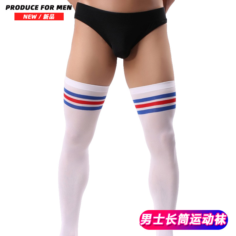 Men's Soccer Socks Men's Velvet Thigh Socks Men's Sports Red and Blue Striped Stockings