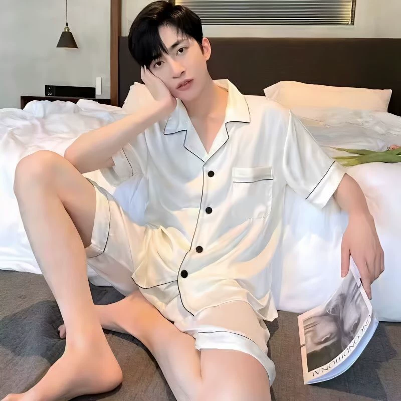 Пижамы мужские большие размеры летние тонкие шелковые шорты с короткими рукавами мужские свободные домашние костюмы из искусственного шелка летний костюм