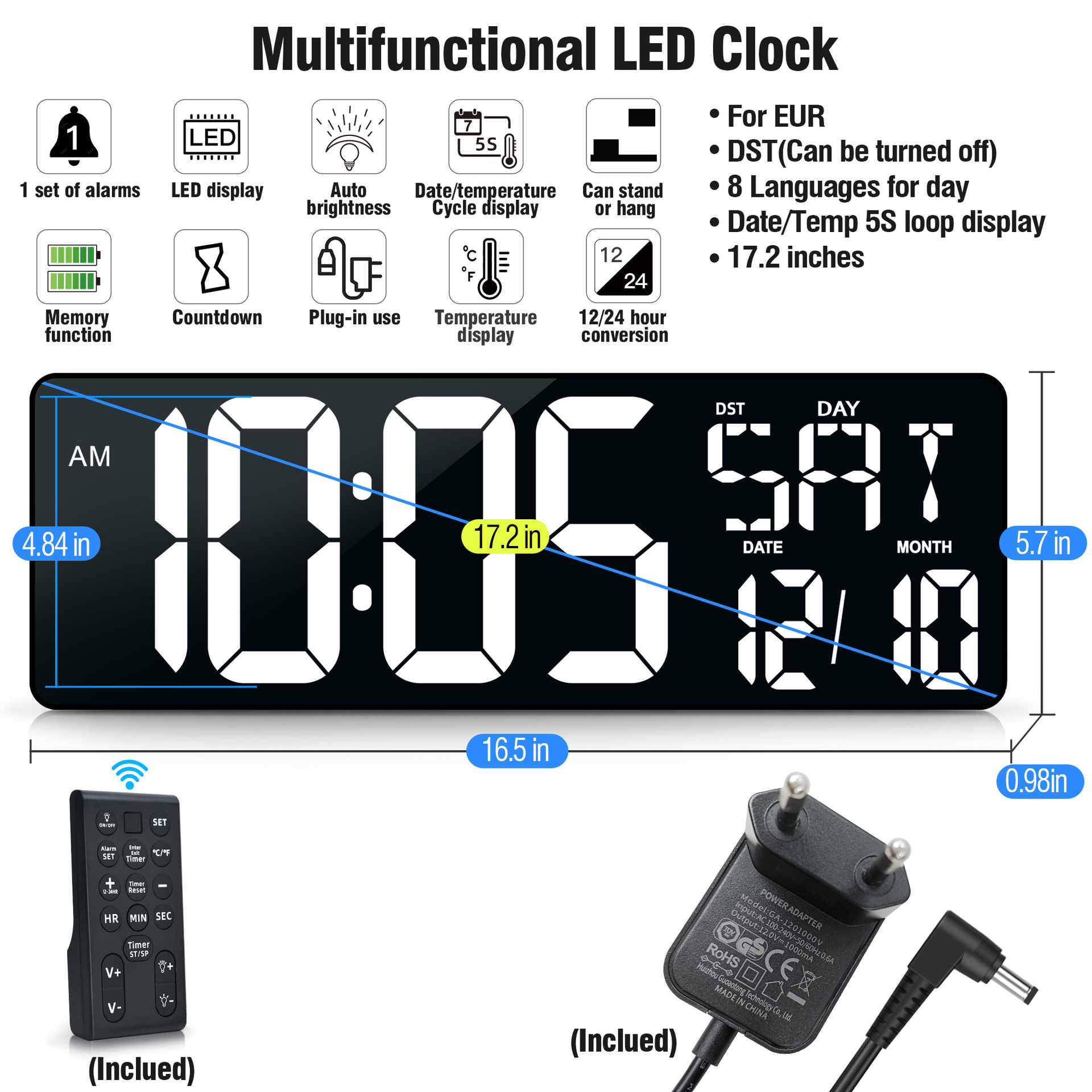 Amazon Hot 17.2 インチ LED 大画面デジタル壁時計、ポジティブカウントダウン電子目覚まし時計付き