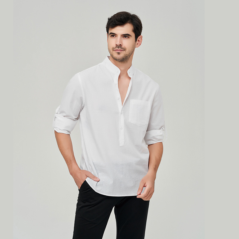 Cross-border exclusive for American size business casual men's cotton long-sleeved shirt solid color pocket cotton shirt top