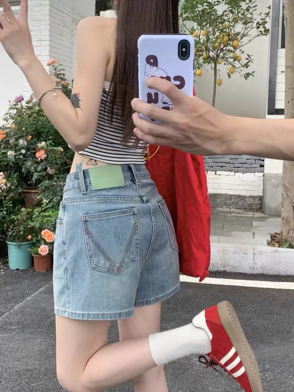 梨型体型の女性用四面伸縮デニムショートパンツ、夏用大きいサイズ、太mm、ハイウエスト、ヒップカバー、痩身、Aラインワイドレッグホットパンツ|undefined
