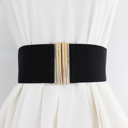Women's Plaid Button Elastic Belt Decorative Coat Dress Versatile Waist Slim Fit Black Elastic Wide Waistband