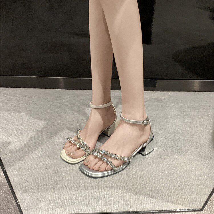 Sandal nữ gót thô 5 cm hở mũi đính đá kiểu Pháp — Màu bạc, Màu mơ, Màu đen