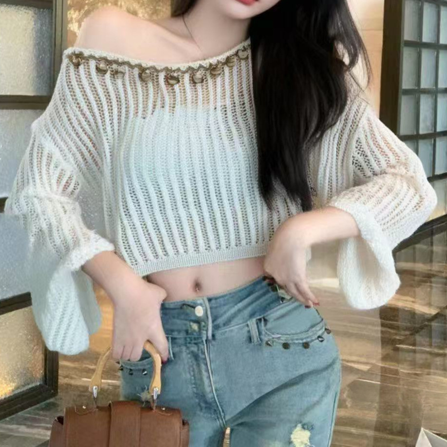 2025夏季新款韩版慵懒风一字肩吊坠领镂空高腰长袖防晒衣