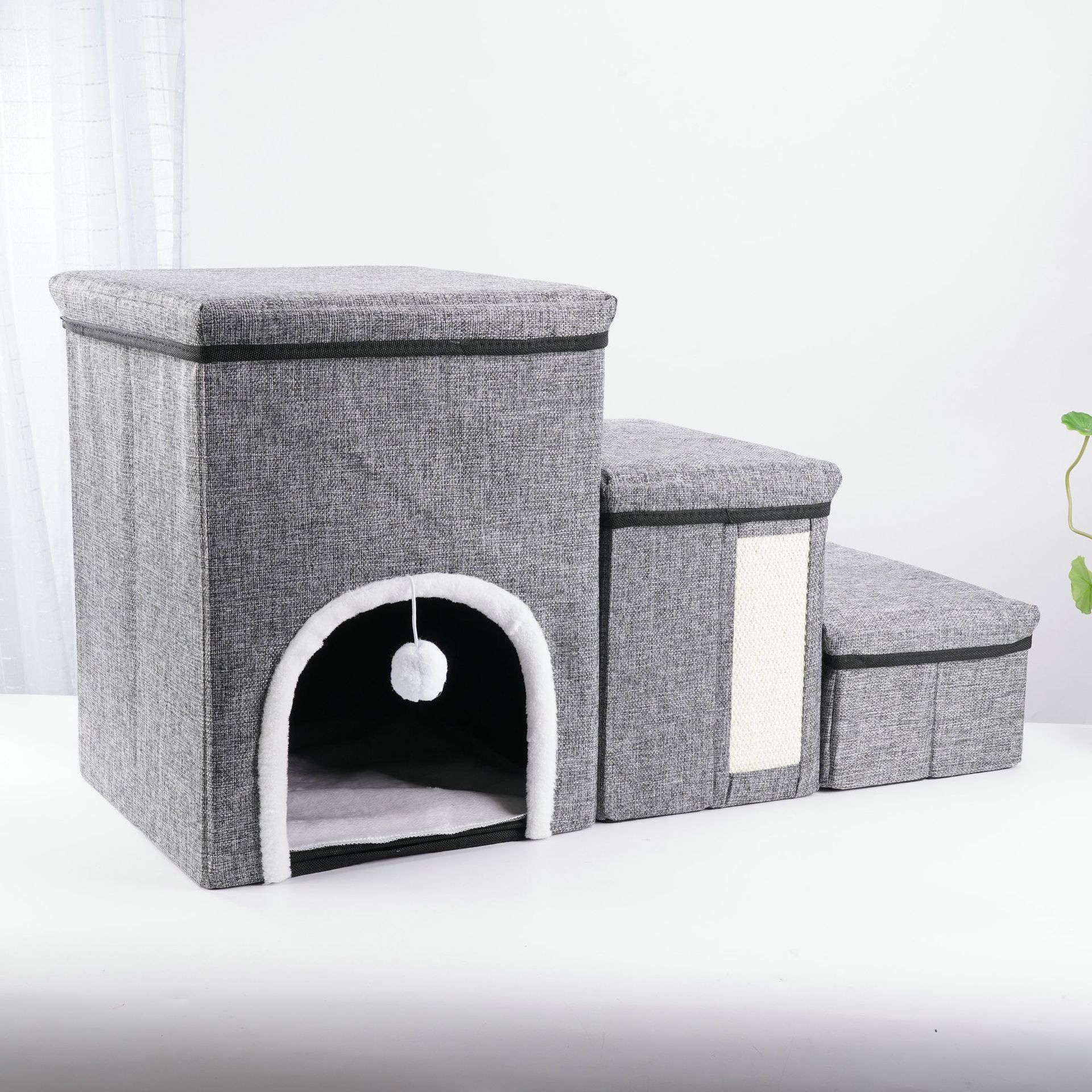 跨境宠物爬梯可折叠加厚储物箱剑麻防滑宠物楼梯三阶台阶