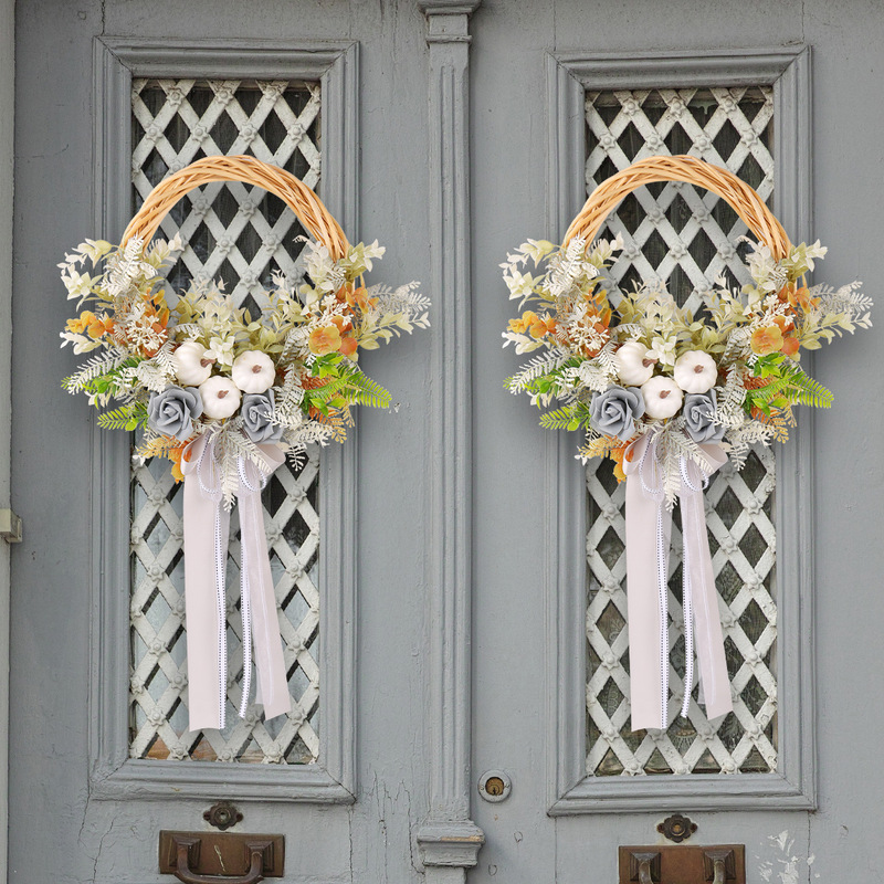 Pastoral Style Autumn White Vine Wreath with White Pumpkin Ribbon Wall Hanging Garland Thanksgiving Yard Front Door Decoration