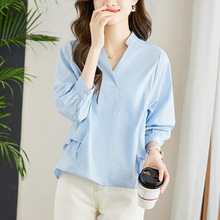 厂家直销浅蓝色v领衬衫女七分袖秋上衣纯棉白衬衣泡泡别致设计