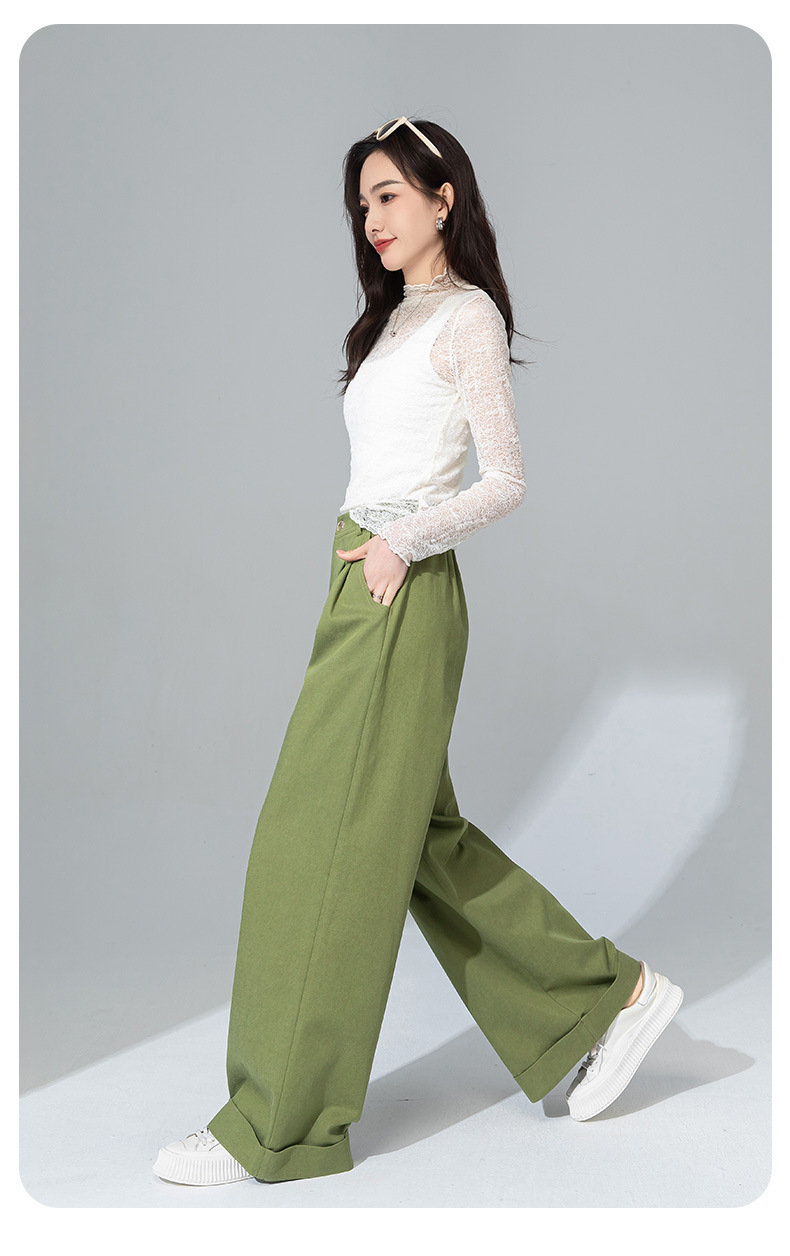 Quần tây nữ ống đứng cạp cao dáng suông dài chấm đất chất Tencel cotton — Xanh bơ chi tiết 4