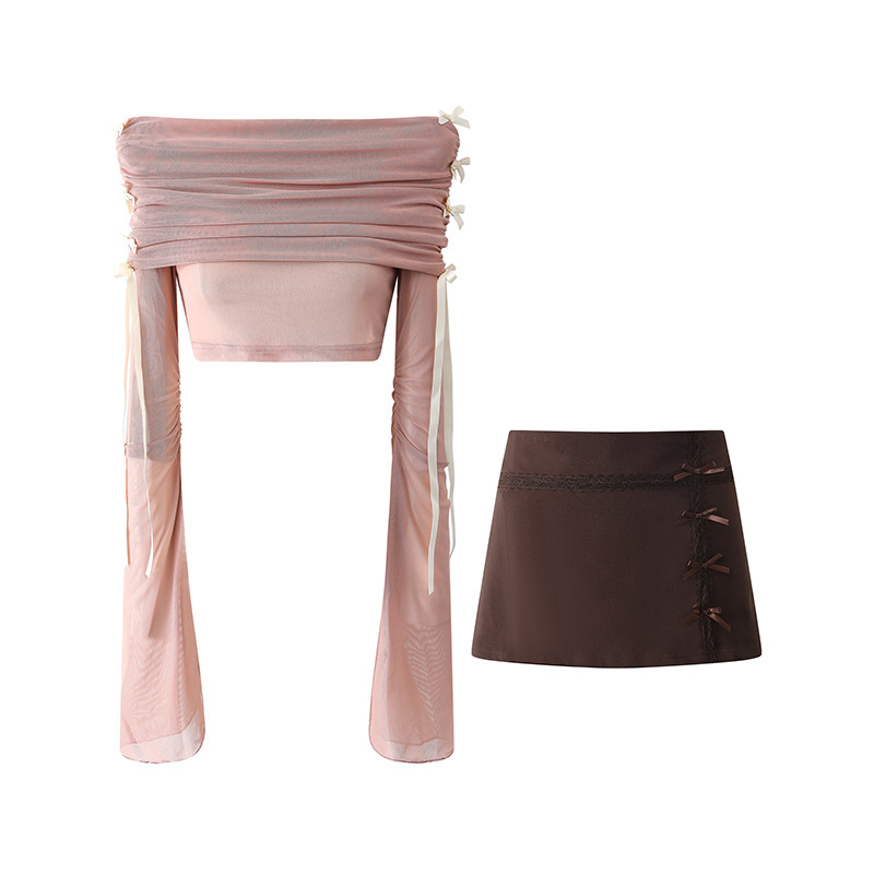 [in stock] Pure Pink Bow Off-shoulder Mesh Short Top Bow Low Waist A- shaped Hip Skirt