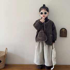 女童复古加厚格子外套冬季夹棉保暖棉服洋气宽松森系开衫上衣棉衣